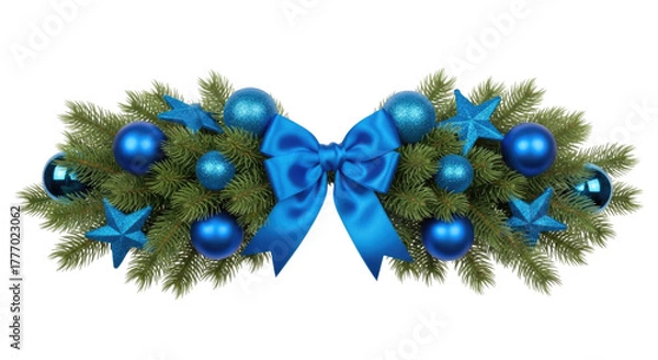 Fototapeta Christmas wreath with blue ornaments and bow transparent background cutout png
