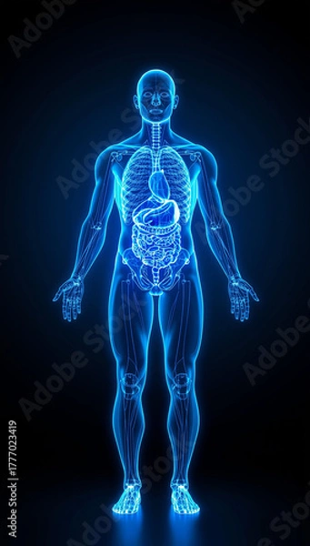 Fototapeta human anatomy wireframe glowing internal organs futuristic light healthcare innovation medical science background