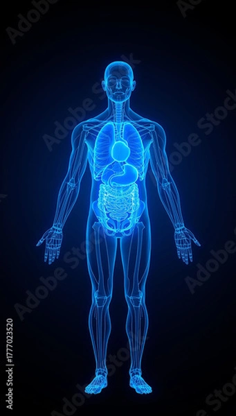 Fototapeta human anatomy wireframe glowing internal organs futuristic light healthcare innovation medical science background
