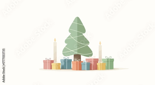 Obraz Festive Flat Design Christmas Tree with Presents and Candles on White Background Modern Holiday Celebration Illustration