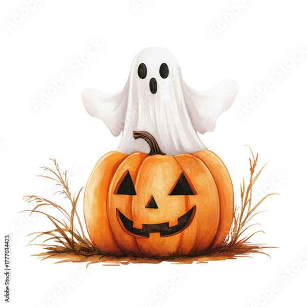 Fototapeta Whimsical ghost peeking from a carved pumpkin