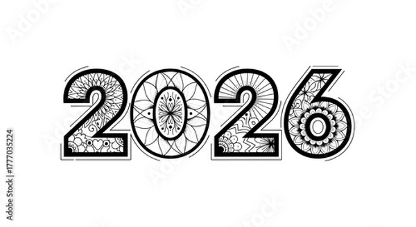 Fototapeta Intricate White Mandala Patterns Fill the Numbers 2026, cutout, PNG isolated on a white or transparent background, AI
