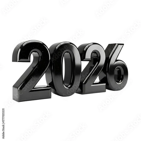 Obraz Shiny Black 3 D Numbers 2026, with Reflective Surface, cutout, PNG isolated on a white or transparent background, AI