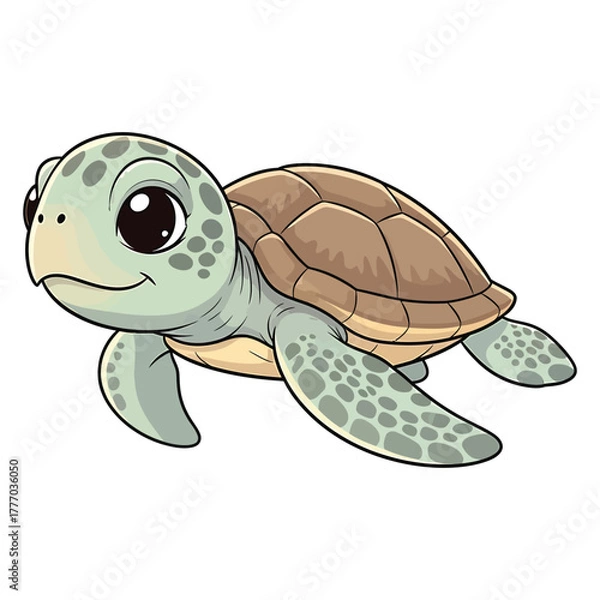 Fototapeta A cute, stylized illustration of a baby sea turtle with large, expressive eyes and a friendly smile, depicted on a white background.