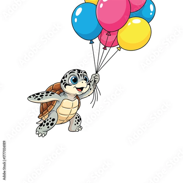Fototapeta A cute baby sea turtle with a happy expression is being lifted by a bunch of brightly colored balloons against a white background.
