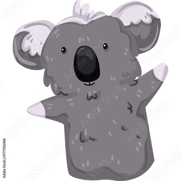 Fototapeta Cute cartoon koala waving hello with a fluffy gray body and big black nose on transparent background