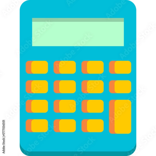 Fototapeta Cyan And Orange Calculator With Light Green Display Screen Isolated On White Background With Simple Flat Design Style Vector Illustration