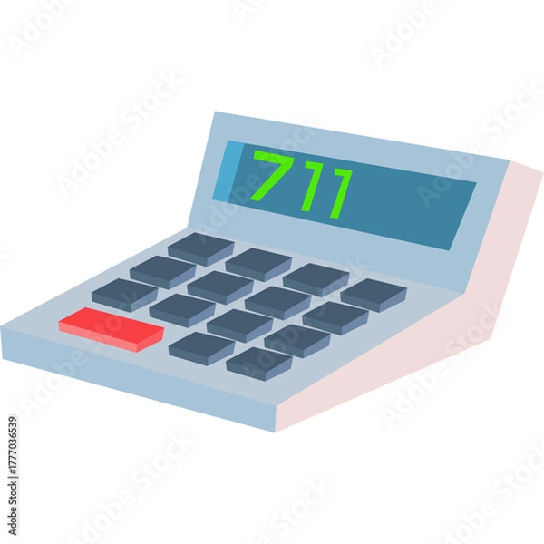 Fototapeta Digital Calculator With Blue Screen Displaying Green Numbers And Red Button On White Background With Soft Shadows And Subtle Highlights