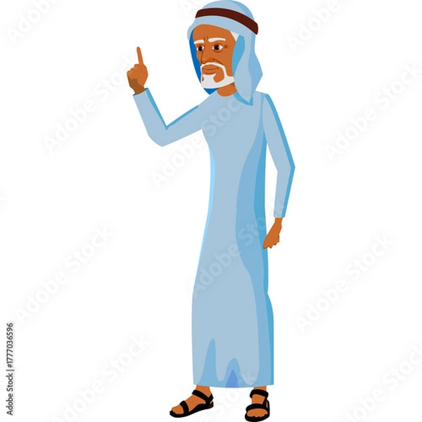 Fototapeta Elderly Arab man wearing a light blue thawb and ghutra gesturing with his index finger pointing upwards for emphasis a symbol of wisdom and guidance isolated on a transparent background