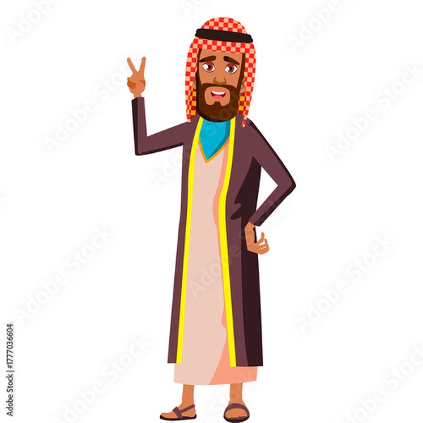 Fototapeta Elderly Arab Man Wearing Traditional Thobe and Keffiyeh Gesturing Peace Sign with a Smiling Face and Transparent Background