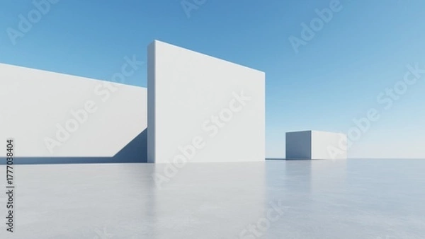 Fototapeta 3d illustration of abstract modern architecture background, Minimal geometry architectural design, Car presentation backdrop with empty concrete floor, Geometric white blocks building design	
