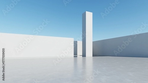Fototapeta 3d illustration of abstract modern architecture background, Minimal geometry architectural design, Car presentation backdrop with empty concrete floor, Geometric white blocks building design	