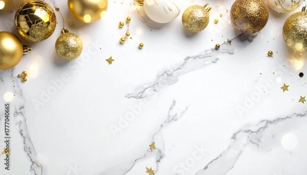 Fototapeta Festive holiday background with elegant golden Christmas baubles, star confetti, and bokeh lights on a white marble texture with copy space