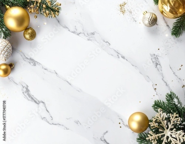 Obraz Elegant Christmas background with golden ornaments and fir branches on a white marble texture, top view flat lay with copy space