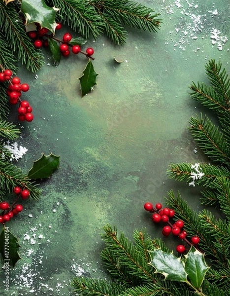 Obraz Festive Christmas Border Evergreen Sprigs, Holly Berries, and a Touch of Winter