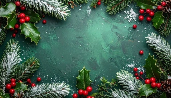 Fototapeta Festive Christmas border with pine branches, holly berries, and pinecones on a textured green background