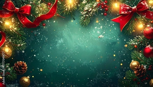 Fototapeta Festive Holiday Background with Ornaments and Evergreen Branches