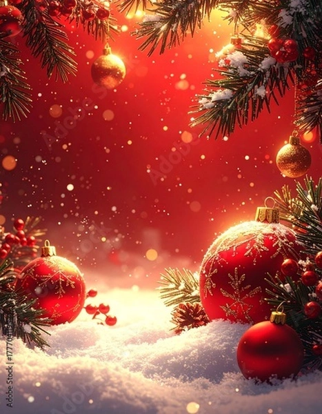 Obraz Festive Red Christmas Ornaments Adorned with Snow-Kissed Fir Branches and Sparkling Lights, Creating a Warm and Inviting Holiday Ambiance