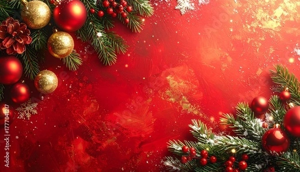 Fototapeta Festive holiday background featuring evergreen fir branches decorated with shiny red and gold baubles on a sparkling red backdrop with copy space