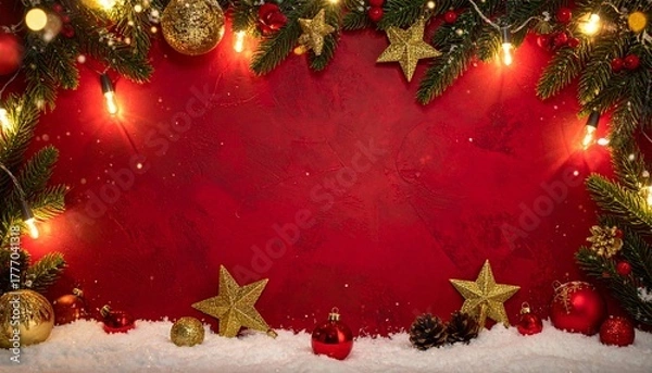 Obraz Vibrant red Christmas background adorned with twinkling fairy lights, festive golden stars, baubles, and natural evergreen branches, perfect for holiday greetings and seasonal designs