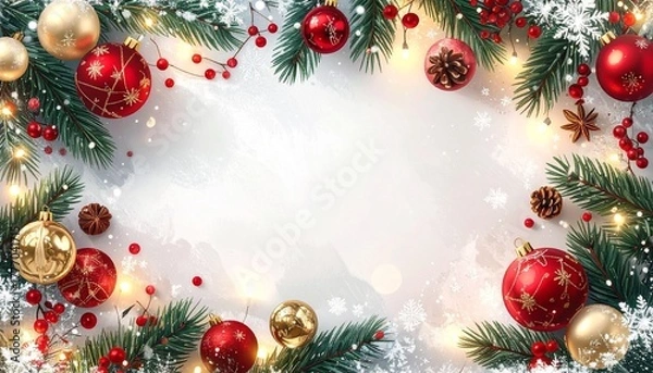 Fototapeta Festive Christmas Border Ornaments, Branches, Berries, and Lights on a Winter Background