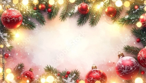 Fototapeta A festive holiday background featuring a glowing frame of red Christmas ornaments, snow-dusted evergreen branches, and sparkling bokeh lights