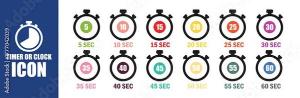 Fototapeta Set of Colorful Stopwatches and Timers, Countdown Clock Icons from 5 to 60 Seconds