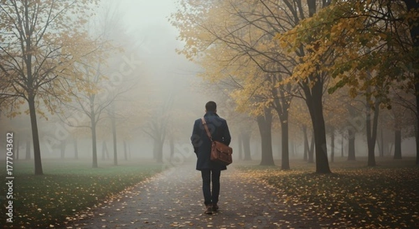 Obraz Man walking on a path through a foggy park on an autumn day