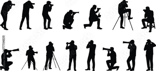 Fototapeta Silhouettes of Photographers in Varied Poses Using Cameras and Tripods While Standing, Kneeling, or Sitting for Creative Illustration