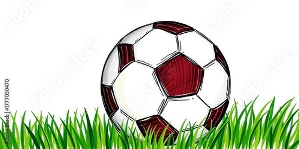 Fototapeta Whimsical hand-drawn soccer ball with stars & stripes, grass texture,  game,   drawing
