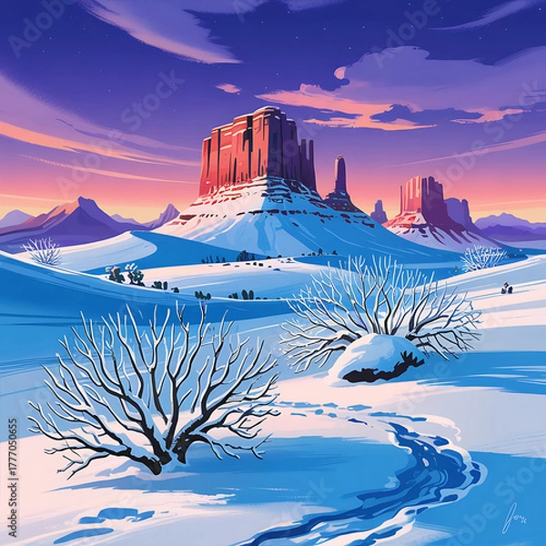 Fototapeta A breathtaking winter scene in a desert, featuring snow-covered ground, bare trees, and towering rock formations bathed in the warm glow of a sunset.