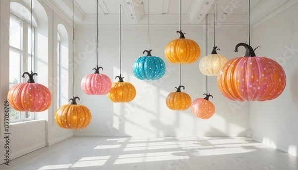 Fototapeta Colorful pumpkin-shaped lamps with polka dot patterns hanging in a bright minimalist room, creating a cheerful and artistic modern interior atmosphere