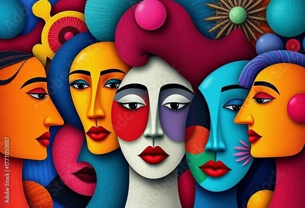 Fototapeta Abstract diverse faces, geometric shapes & vibrant colors, bright, brow