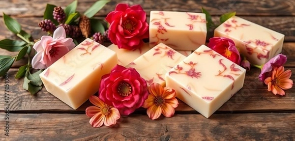Fototapeta Luxurious floral soap bars arranged artfully on a rustic wooden surface, gift, celebration