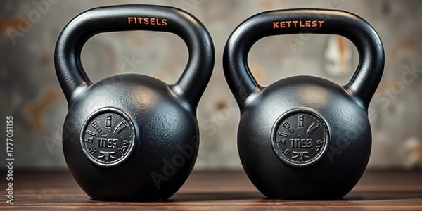 Fototapeta Pair of heavy kettlebells, cast iron, dynamic workout tool, functional fitness essential,  workout,  dynamic