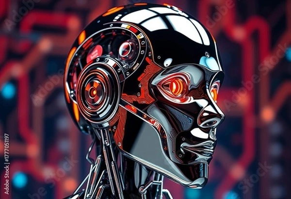 Fototapeta Sleek chrome robotic head, intricate circuitry visible ,  object,  design