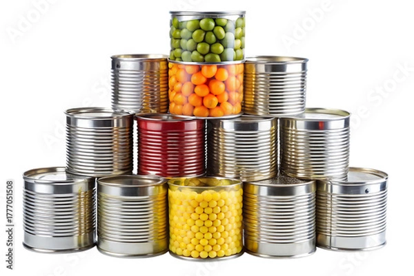 Obraz Stack of assorted canned goods, including green peas orange spheres and yellow spheres, cutout, PNG, isolated on white or transparent background, AI