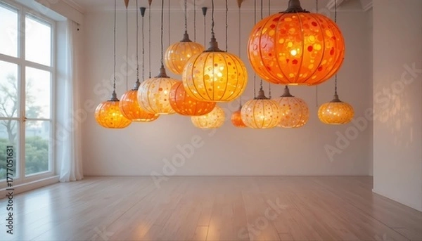 Fototapeta Colorful pumpkin-shaped lamps with polka dot patterns hanging in a bright minimalist room, creating a cheerful and artistic modern interior atmosphere
