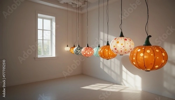 Fototapeta Colorful pumpkin-shaped lamps with polka dot patterns hanging in a bright minimalist room, creating a cheerful and artistic modern interior atmosphere