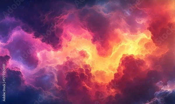 Obraz Colorful, smokey flowing puff clouds in an abstract design, creating a dreamy and vibrant atmosphere. A visually striking, creative representation for artistic or background use, Generative AI