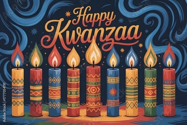 Fototapeta Beautiful Kwanzaa greeting image with glowing candles and African patterns celebrating unity, purpose, and faith during the seven days of Kwanzaa cultural holiday