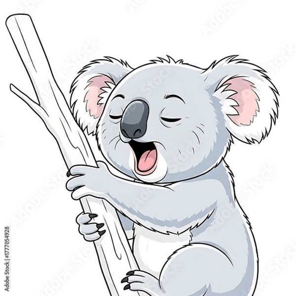 Fototapeta A cute, stylized koala with closed eyes and an open mouth is clinging to a tree branch, appearing to yawn.