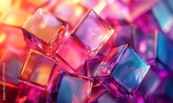 Obraz Abstract, crystal, and iridescent colored squares, rendered for digital backgrounds and design projects. A creative, geometric close-up that blends vibrant colors and clean shapes, Generative AI