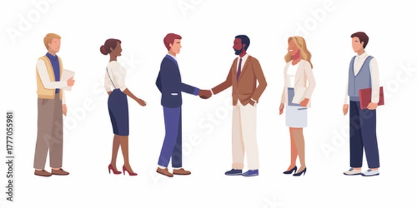Fototapeta Diverse group of business professionals in smart casual attire interacting and shaking hands on white background