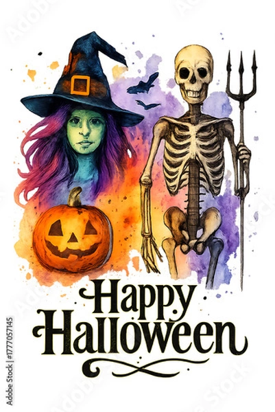 Fototapeta Spooky halloween illustration featuring a witch skeleton and pumpkin