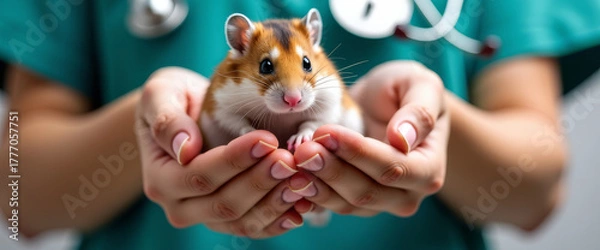 Obraz Vet handles hamster cautiously and kindly, Vet carefully and compassionately examines hamster with gentle touch, Veterinarian gently handles and examines small hamster with utmost care and kindness