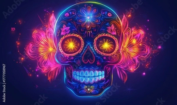 Obraz Colorful neon skull design for the Mexican Day of the Dead celebration, symbolizing life, death, and cultural remembrance. A bright, dynamic representation of Mexican tradition artistry, Generative AI
