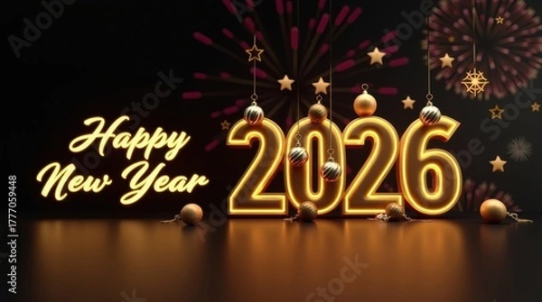 Obraz Happy new year 2026 with glowing numbers and fireworks celebration