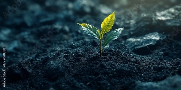 Obraz Seedling growing in soil, symbolizing the future of environmental sustainability and eco-friendly practices. A powerful image of agriculture and care for nature, highlighting importance, Generative AI