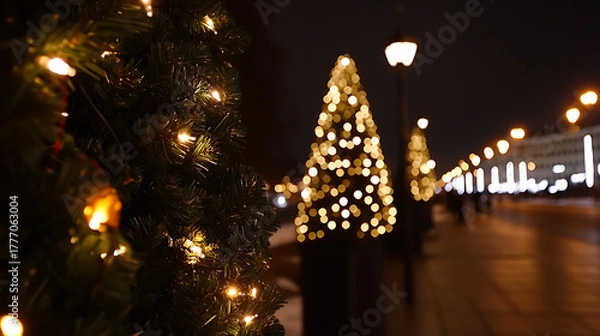 Fototapeta A festive night scene unveils a row of illuminated Christmas trees along a city sidewalk, radiating warmth and holiday cheer into the darkness. Streetlights cast a soft glow.